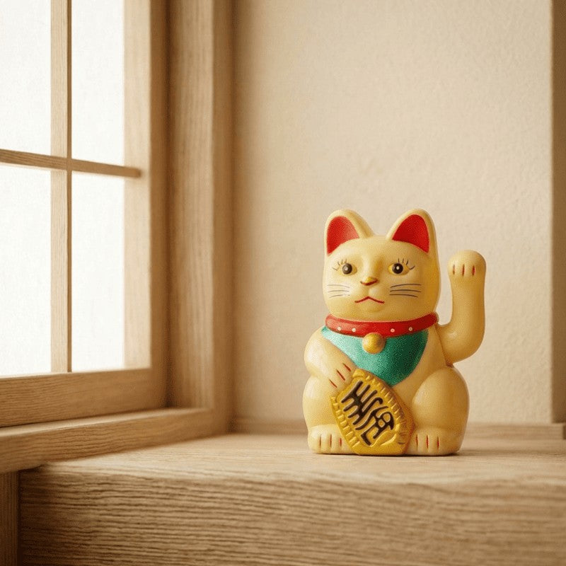 Yellow figurine maneki neko with waving paw and golden coin displayed on wooden shelf near window in warm minimalist Japanese interior