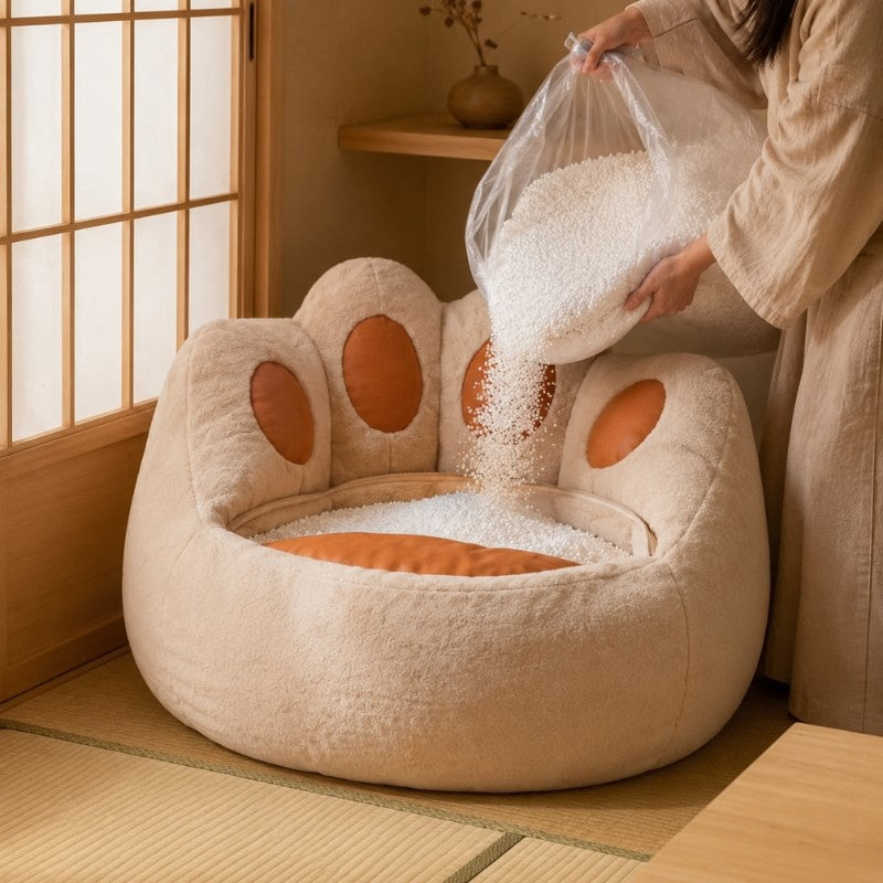 Woman pouring white filler into open bean bag shaped as cat paw in beige plush fabric with caramel toe pads on tatami mat floor in Japanese style room