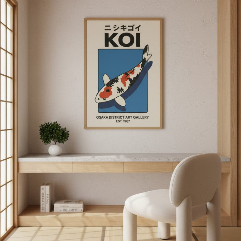 Minimalist fish printing japanese poster featuring colorful koi carp with Osaka District Art Gallery text hanging above wooden desk with white chair