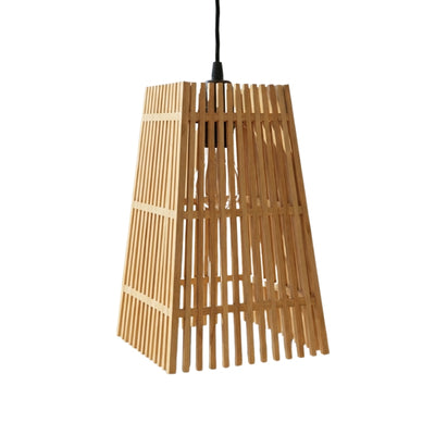 Fixture Japanese pendant light conical bamboo shade with vertical slat design and black cord on clean white background