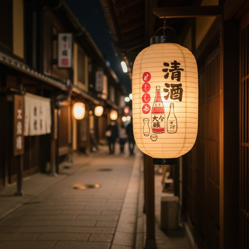 Glowing floating lantern japanese with sake bottles and kanji calligraphy illuminating traditional izakaya street at night with wooden shopfronts