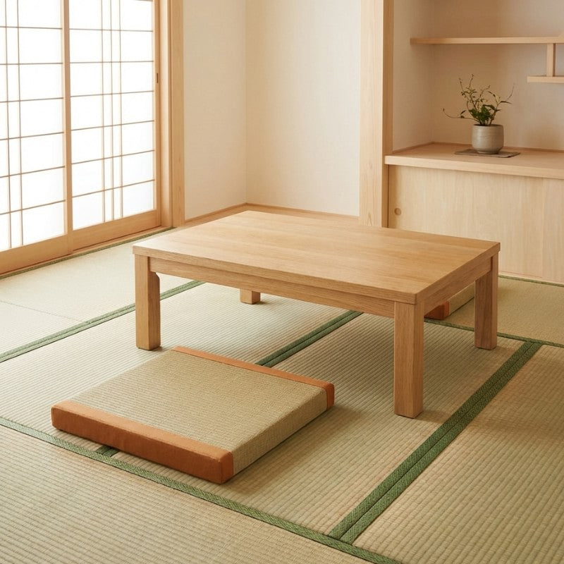 Floor cushion japanese orange with beige tatami weave on tatami floor near chabudai table with shoji screen tokonoma alcove