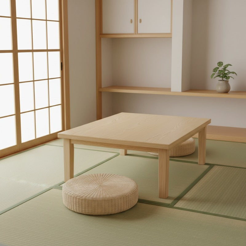 Floor cushion japanese round in woven rattan near wooden table on tatami with shoji screen fusuma and tokonoma niche