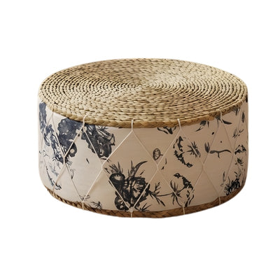 Floor cushion japanese white with woven seagrass top and botanical indigo pattern featuring bamboo and flowers on neutral background