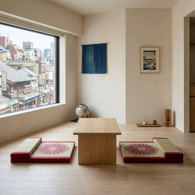 Floor cushion meditation set with burgundy fabric chrysanthemum designs flanking wooden table near window with urban view noren and ukiyo-e art