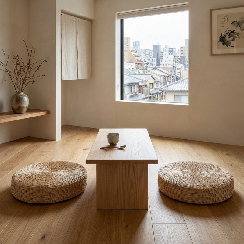 Floor japanese cushion round pair in natural woven rattan beside wooden table overlooking urban rooftops with noren curtain