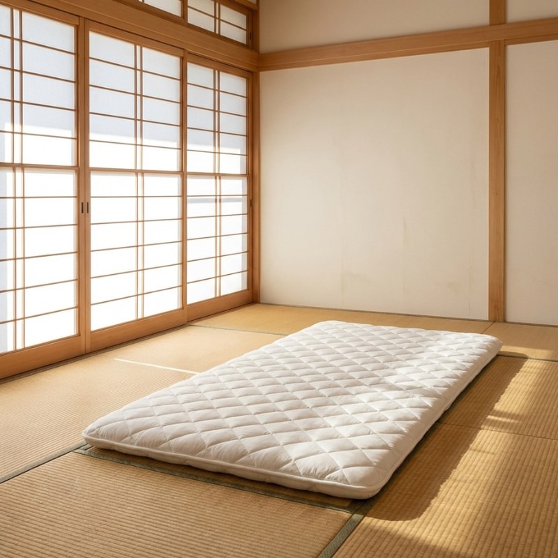 White quilted floor japanese futon with diamond stitching pattern on tatami in traditional room with large shoji screen panels