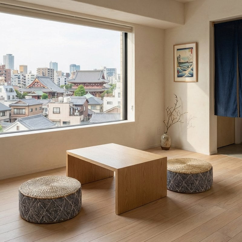 Floor japanese seating arrangement with geometric pattern cushions and chabudai table near window with temple view and ukiyo-e art