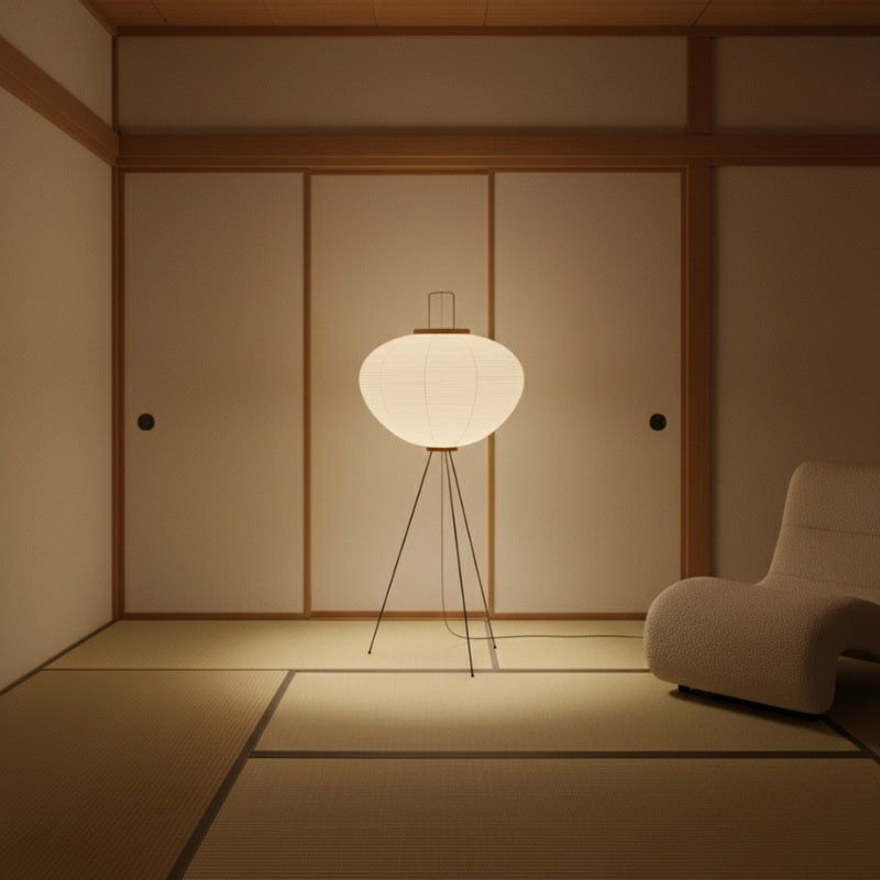 Elegant floor lamp wabi sabi with oval rice paper shade on tripod base illuminating traditional tatami room with shoji screens
