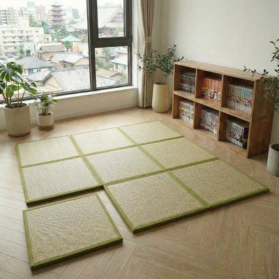 Floor mat japanese tiles with green borders arranged near window overlooking temple pagoda with bookshelf and monstera plants