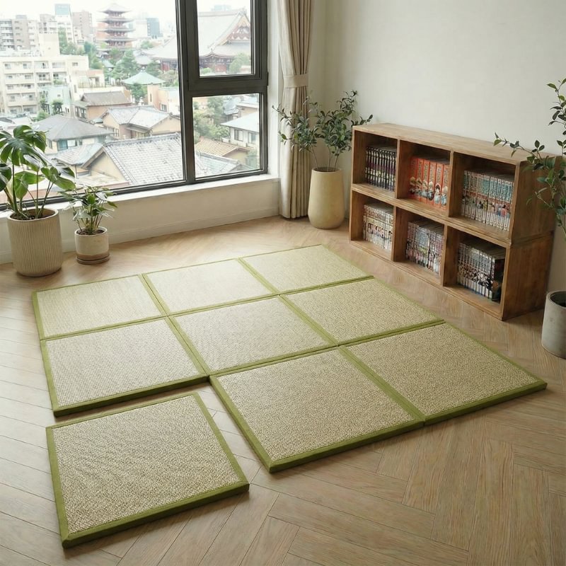 Floor mat japanese tiles with green borders arranged near window overlooking temple pagoda with bookshelf and monstera plants