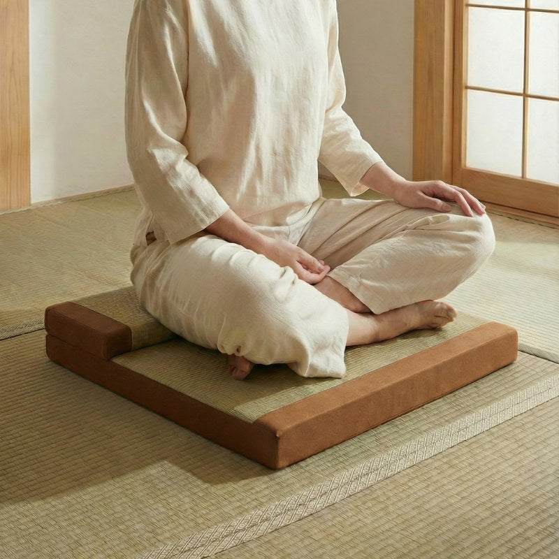Floor orange cushion japanese with backrest and person meditating in seiza on tatami floor with shoji screen