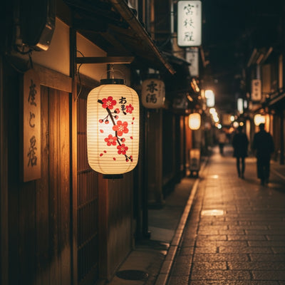 Elegant flower japanese lantern with red cherry blossoms glowing outside traditional wooden storefront on historic street at night