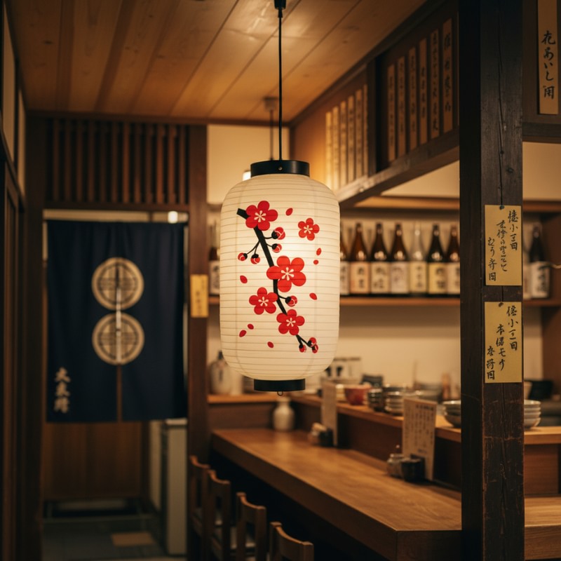 Glowing flower lantern japanese with sakura design hanging in authentic izakaya interior with wooden beams and sake bottles