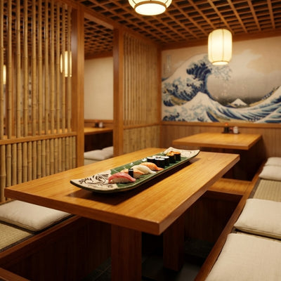Authentic flower sushi plate displayed in traditional Japanese restaurant with wooden interior and tatami mats
