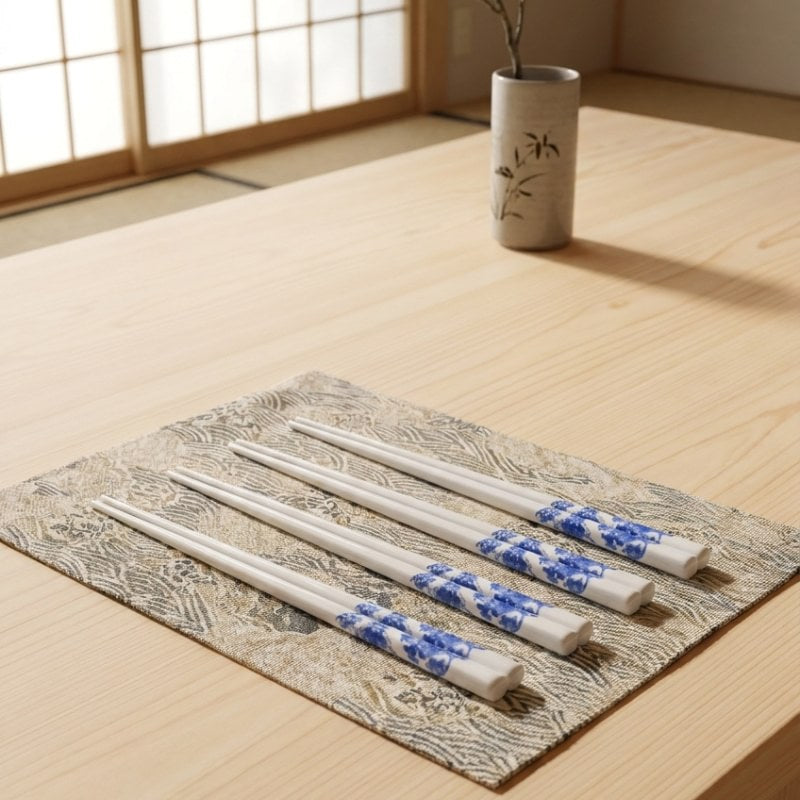 Four pairs of white ceramic chopsticks with blue flowers porcelain pattern laid on a Japanese embroidered placemat with a ceramic vase in the background