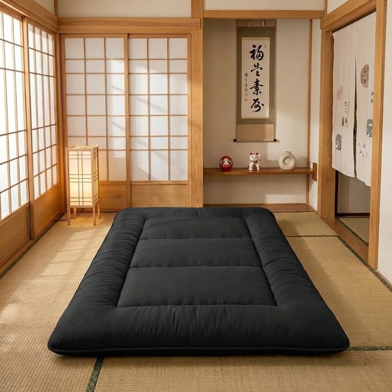 Traditional futon japanese bed black in authentic tatami room with tokonoma alcove displaying calligraphy scroll daruma and maneki neko figurines