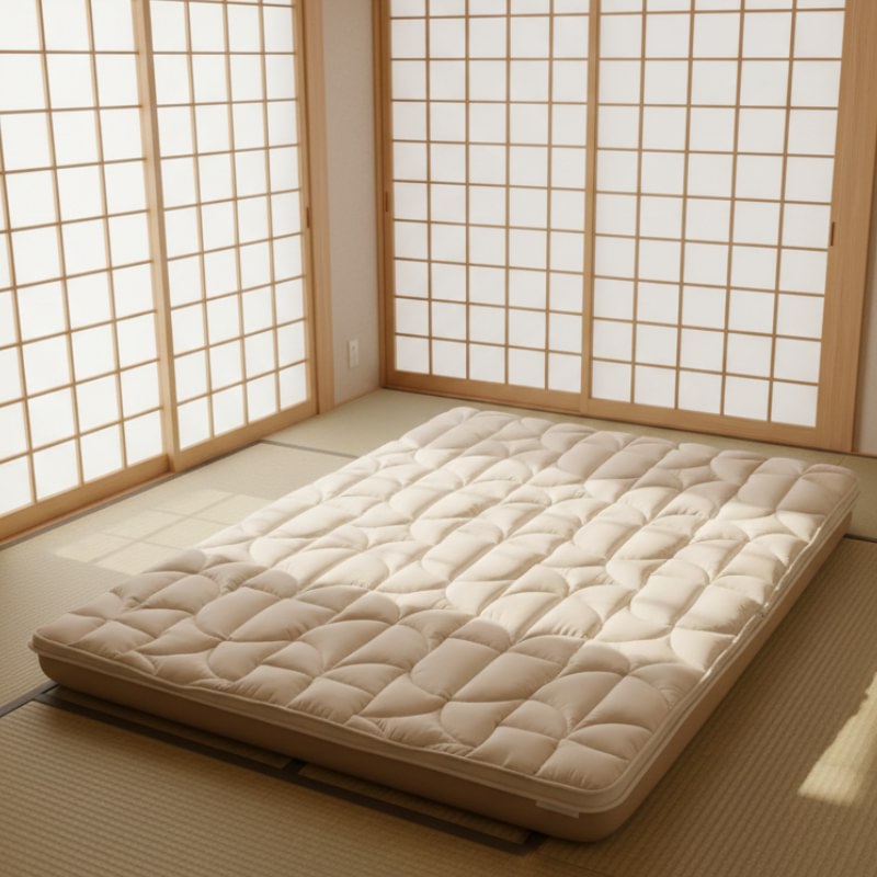 Traditional futon japanese bed white in quilted beige fabric positioned on tatami floor near shoji sliding doors in authentic Japanese room