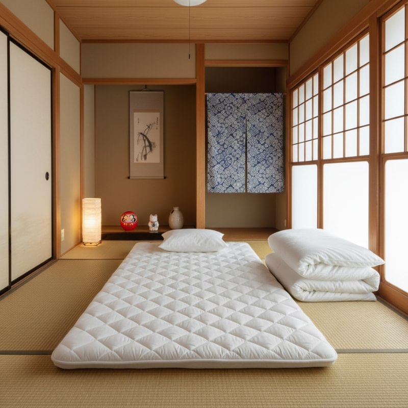 White quilted futon japanese floor with diamond pattern on tatami in traditional room with tokonoma alcove scroll and folded bedding