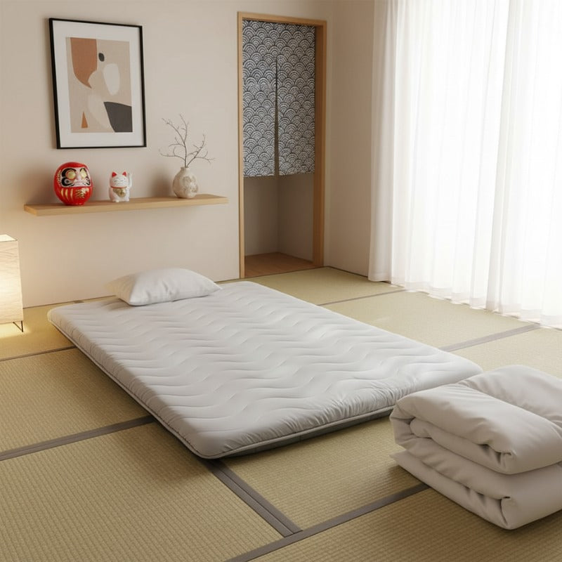 Traditional futon japanese white with wavy quilting pattern on tatami floor in authentic room with daruma maneki neko and wave pattern noren