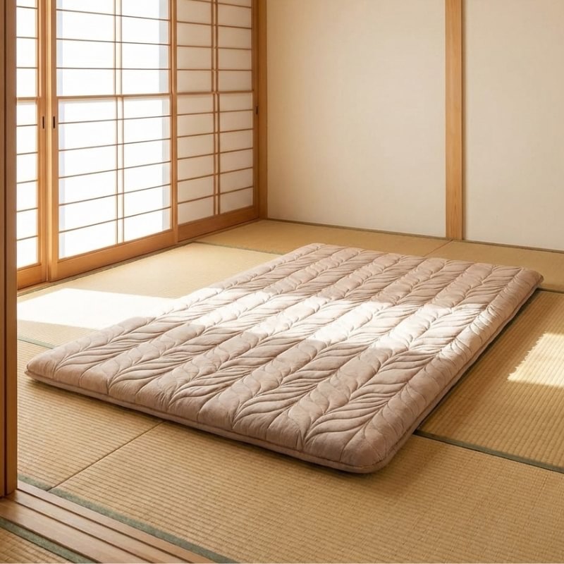 Futon mat japanese with beige wave quilting on tatami floor in minimalist room with shoji screen and natural sunlight
