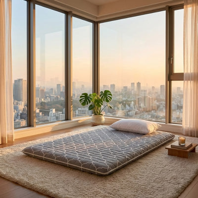 Queen size futon mattress in grey quilted fabric on shag rug with panoramic city skyline view and monstera plant