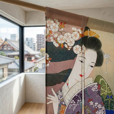 Close-up of geisha noren curtain japanese showing maiko portrait in purple kimono with white cherry blossoms and golden kanzashi on wooden rod with Kyoto temple rooftop view