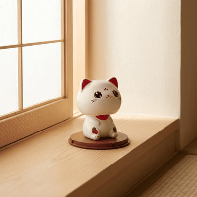Watchful good luck maneki neko cat with open eyes on wooden windowsill near shoji screen in bright morning sunlight
