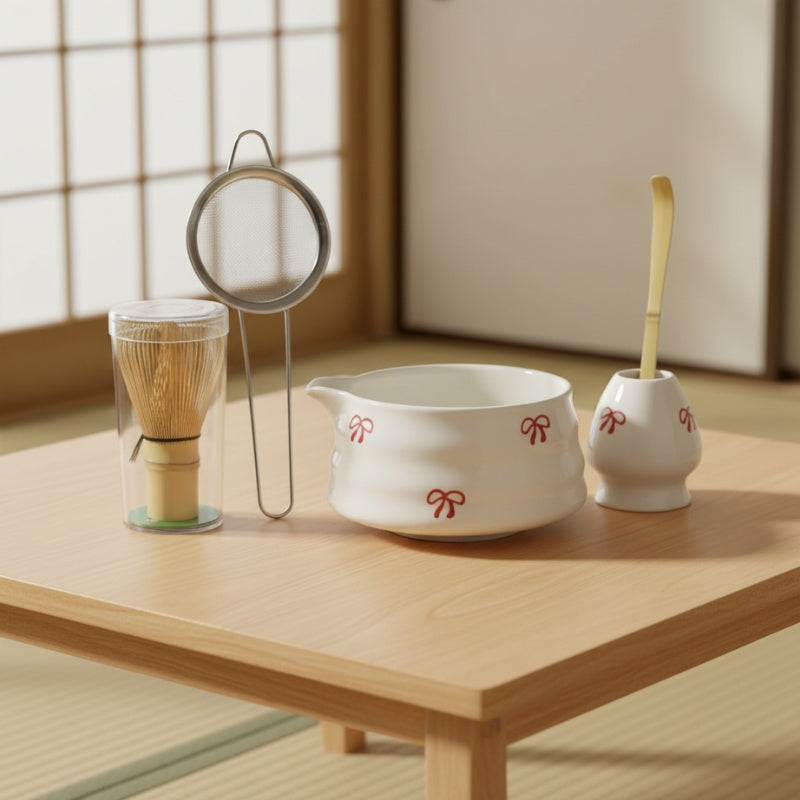 Green matcha tea set white porcelain bowl with red bows chasen whisk sieve and chashaku scoop on low table in tatami room