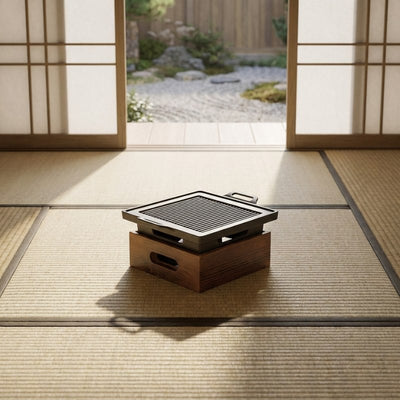 Grill Japanese BBQ with square cast iron plate on tatami mat floor with shoji doors and zen garden background