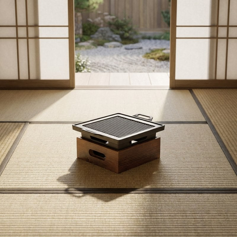 Grill Japanese BBQ with square cast iron plate on tatami mat floor with shoji doors and zen garden background