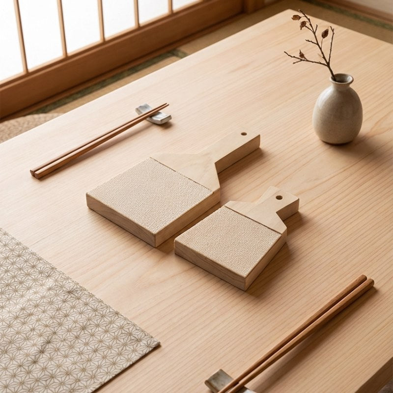 Premium grinder wasabi tools with chopsticks and ceramic vase on minimalist Japanese dining table