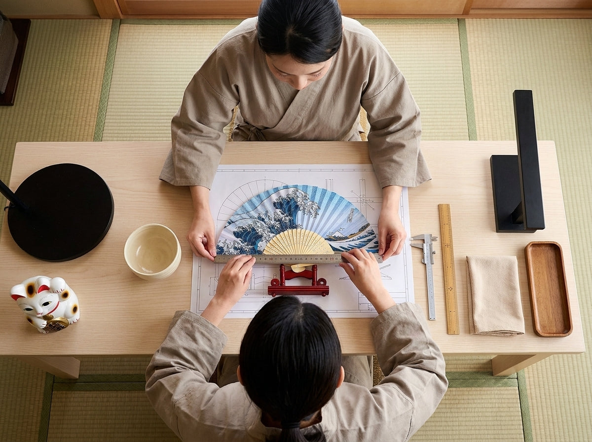 Two artisans measuring a Japanese hand fan printed with the Great Wave off Kanagawa design on its red stand, scale blueprint, calipers and maneki neko figurine on the table