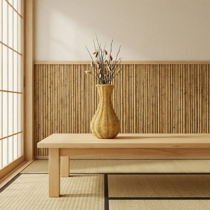 Hand woven japanese flower vase placed on a wooden table in a minimalist Japanese tatami room with natural light.