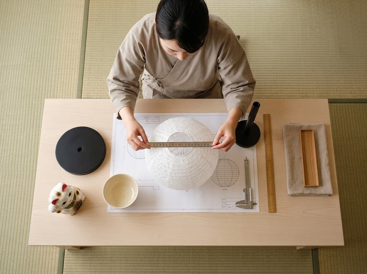 Overhead workshop shot measuring a round hanging Japanese paper lantern shade on a scale blueprint, ruler and calipers positioned alongside for precise sizing