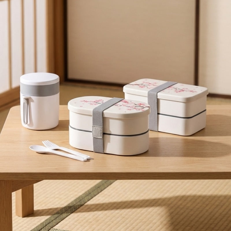 Two hot bento box containers featuring cherry blossom artwork with soup cup and white cutlery set on wooden shelf near tatami
