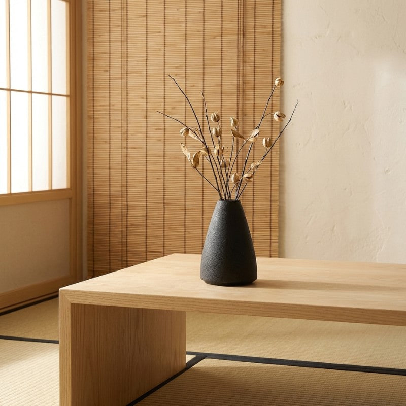 Traditional ikebana vase arrangement flower display with dried botanical stems on wooden table near bamboo blind