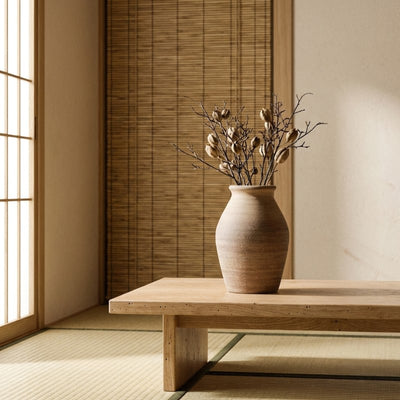 Traditional ikebana vase ceramic brown with dried botanical arrangement on wooden table near bamboo blind