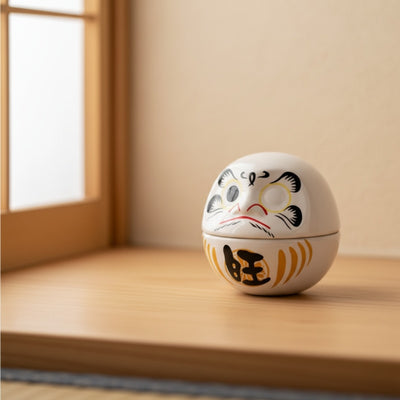 Hand painted japan daruma with one eye filled sitting on wooden windowsill in bright Japanese interior with tatami