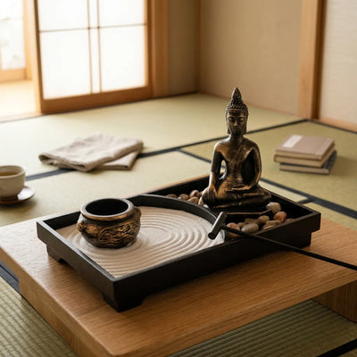 A miniature zen garden tray with white sand, smooth pebbles and a bronze Buddha statue rests on a low wooden step between the tatami room and the corridor.