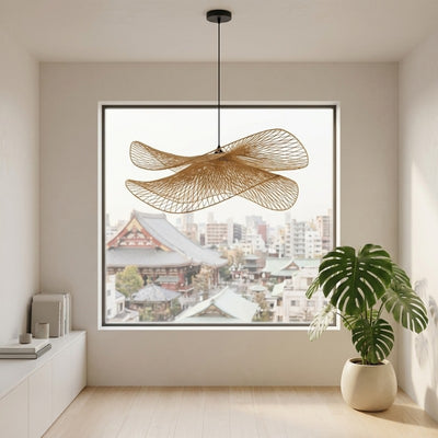 Artistic japandi lamp style with bamboo woven butterfly wings in minimalist room with temple view