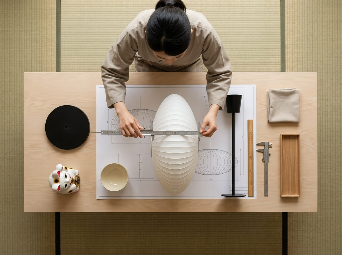 Artisan hands measuring a pleated white paper japandi lamp shade with a steel ruler beside a technical blueprint, black pendant base, ceramic bowl, and maneki neko figurine arranged on a light wood tatami workspace