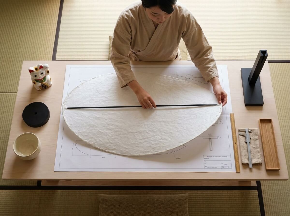Woman aligning the black armature rod through an oval textured washi paper japandi pendant lamp shade against its technical blueprint, maneki neko figurine and calipers on a light wood table
