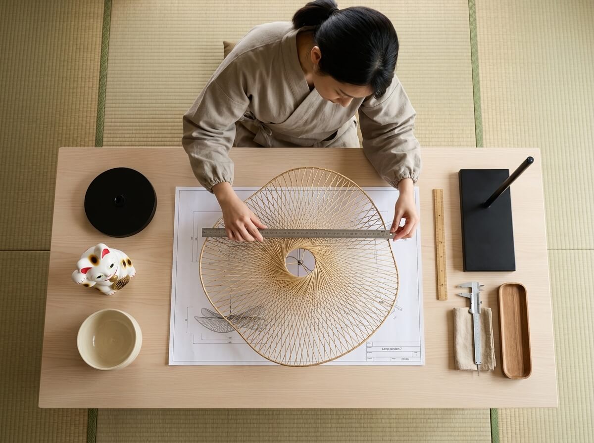 Craftsperson measuring a traditional japandi style lamp shade with its spiraling woven bamboo lattice against a technical blueprint, ruler in hand, with black pendant base, maneki neko figurine, and calipers on a light wood table