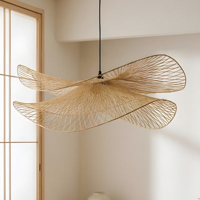 Detailed japandi style lamp with intricate bamboo lattice wing design near shoji screen door
