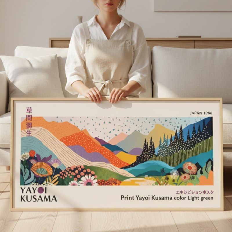 Person presenting large japanese art print with Kusama colorful landscape design in beige apron against neutral sofa in contemporary interior