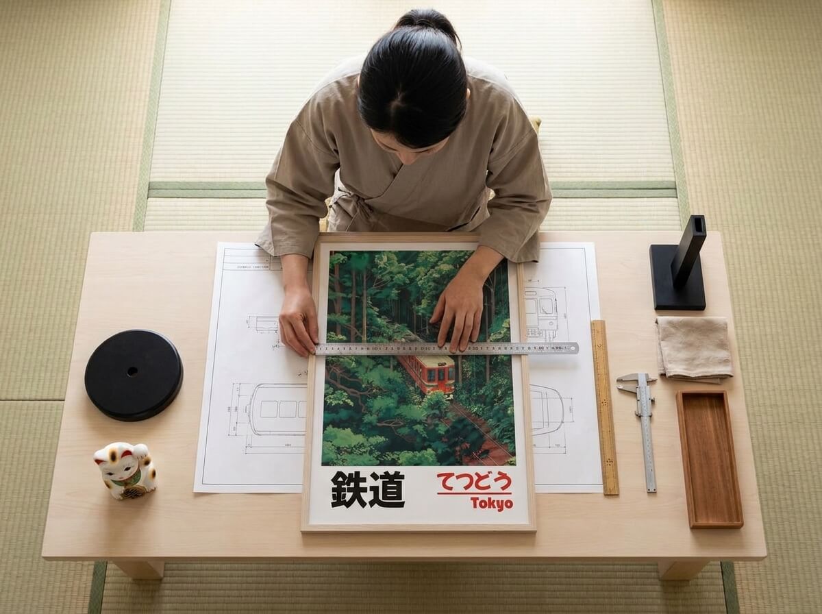 Overhead view of a framed japanese train poster with red railcar winding through a lush forest, measured against a blueprint with a maneki-neko figurine and craft tools