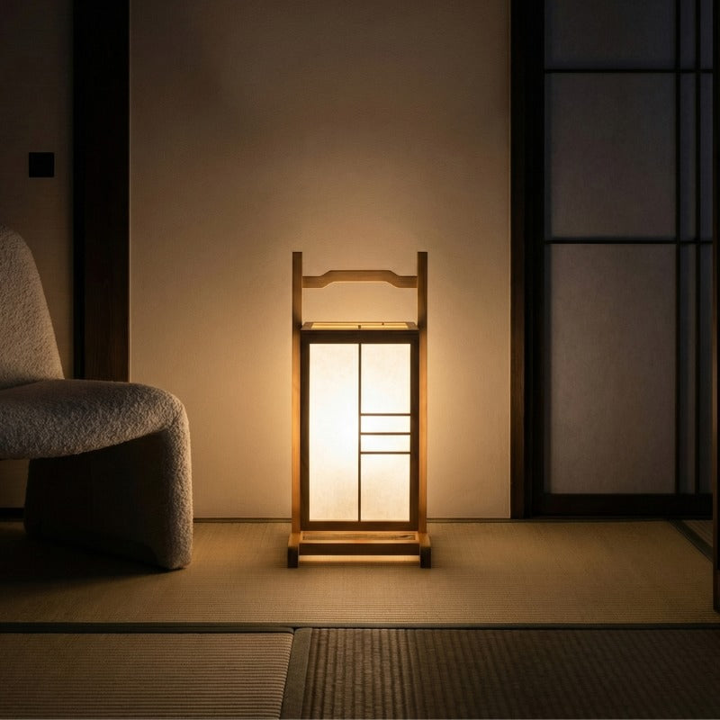 Glowing japanese bamboo lamp illuminating tatami room with warm ambient light near modern shoji sliding doors creating peaceful evening atmosphere