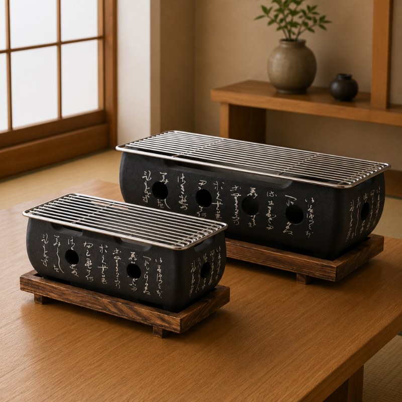 Bundle of two Japanese barbecue grills in small and large sizes with black ceramic kanji calligraphy bodies and steel cooking grids on dark wood stands in a warm Japanese interior with shoji screen