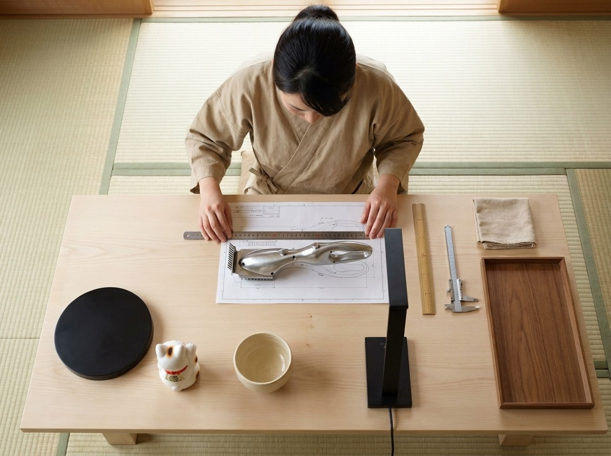 Overhead view of a woman in kimono measuring a Japanese stainless steel barbecue cleaning brush against technical blueprints on a tatami room worktable with maneki-neko figurine